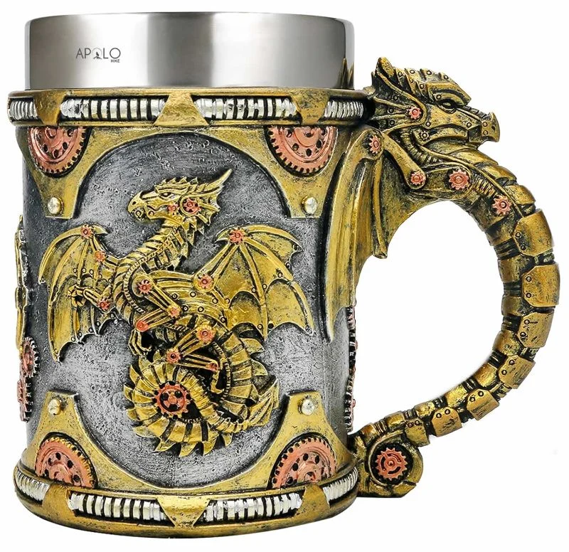 Vaso Taza Mug Dragon Dorado Steampunk Acero Coleccionable
