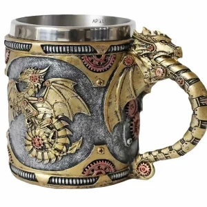 Vaso Taza Mug Dragon Dorado Steampunk Acero Coleccionable