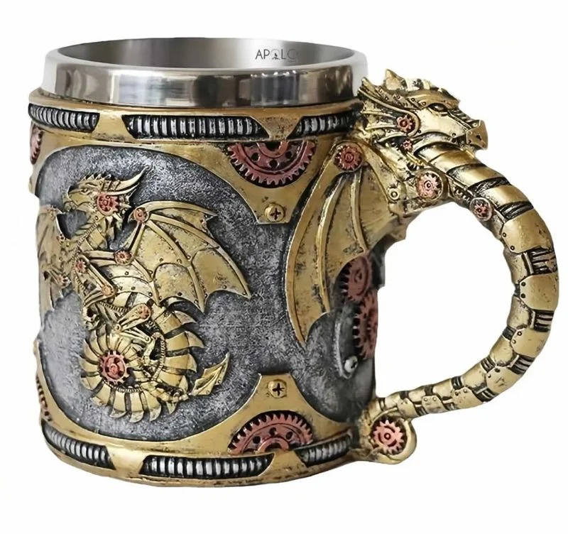 Vaso Taza Mug Dragon Dorado Steampunk Acero Coleccionable