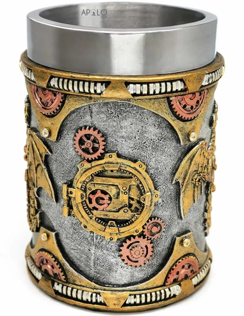 Vaso Taza Mug Dragon Dorado Steampunk Acero Coleccionable