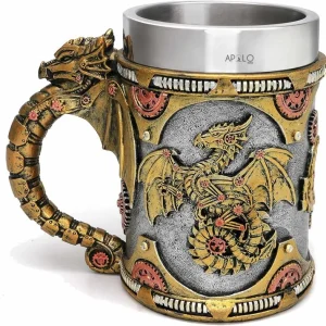 Vaso Taza Mug Dragon Dorado Steampunk Acero Coleccionable