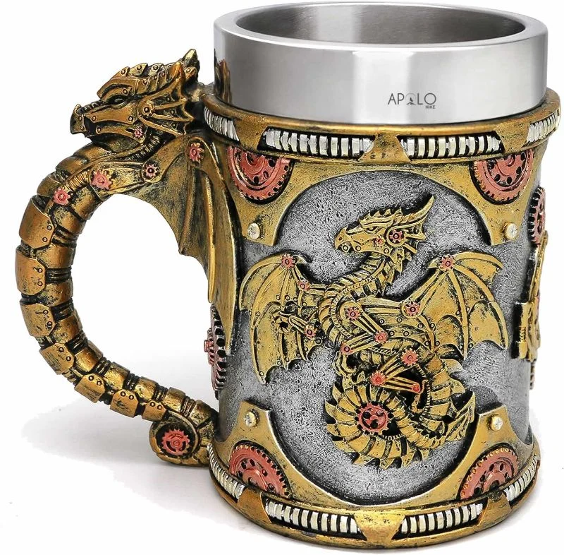 Vaso Taza Mug Dragon Dorado Steampunk Acero Coleccionable