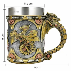 Vaso Taza Mug Dragon Dorado Steampunk Acero Coleccionable