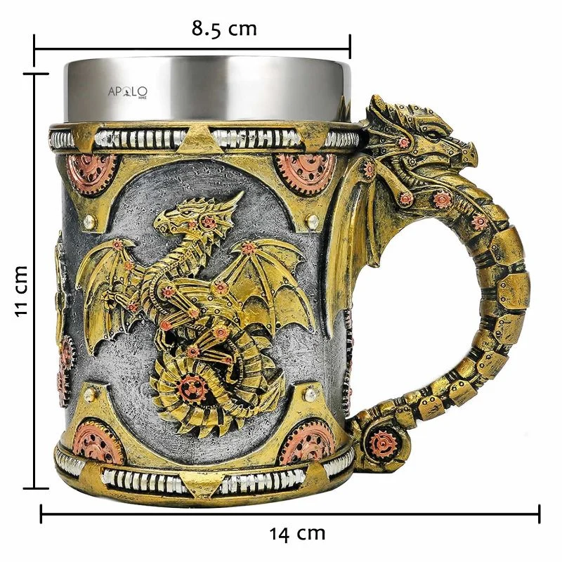 Vaso Taza Mug Dragon Dorado Steampunk Acero Coleccionable