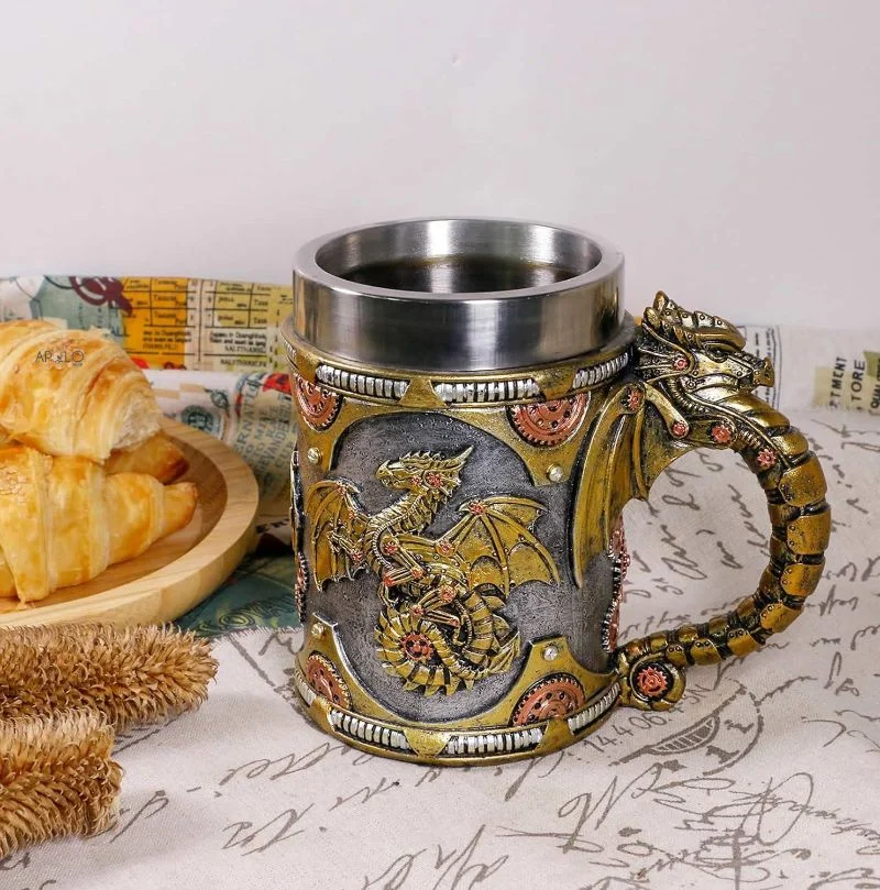 Vaso Taza Mug Dragon Dorado Steampunk Acero Coleccionable