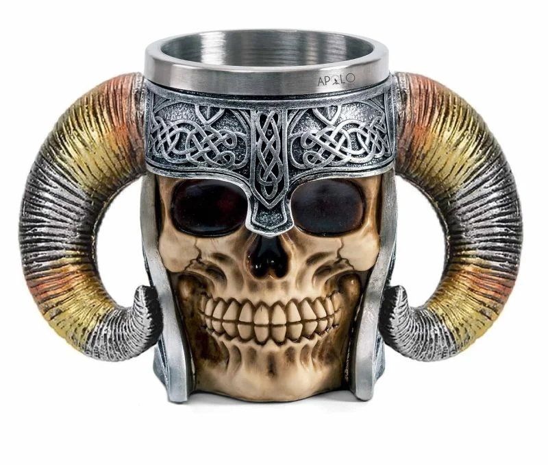 Vaso Taza Mug Decorativo Calavera Vikingo Acero Coleccionable