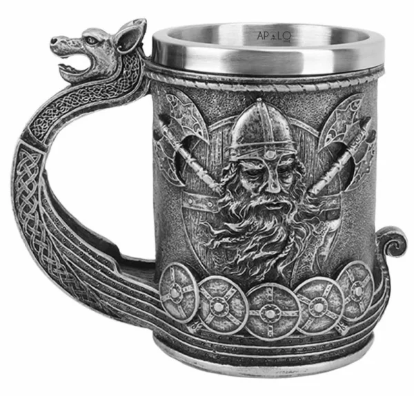 Vaso Taza Mug Vikingo Medieval Mango De Dragon Acero Inoxidable