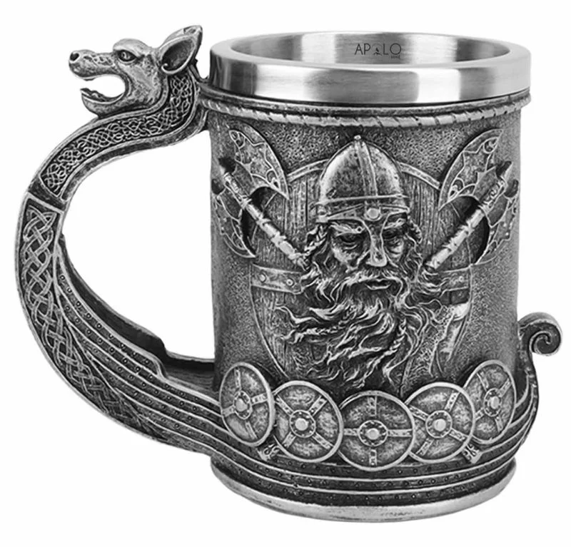 Vaso Taza Mug Vikingo Medieval Mango De Dragon Acero Inoxidable