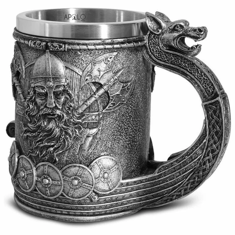 Vaso Taza Mug Vikingo Medieval Mango De Dragon Acero Inoxidable