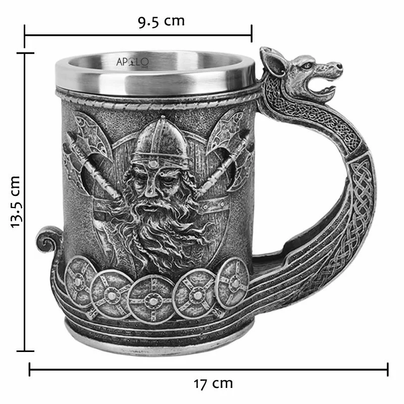 Vaso Taza Mug Vikingo Medieval Mango De Dragon Acero Inoxidable