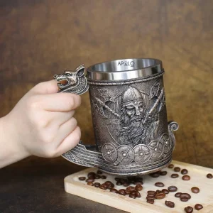 Vaso Taza Mug Vikingo Medieval Mango De Dragon Acero Inoxidable