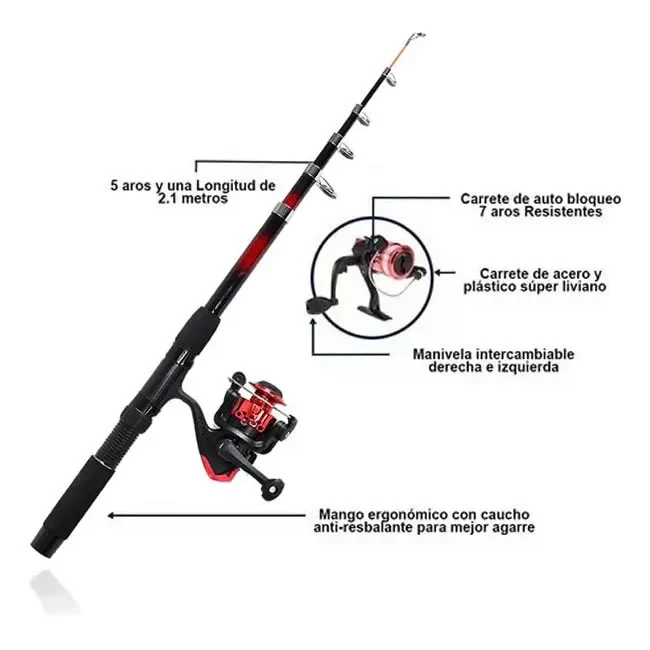 Caña De Pescar Telescópica Bara 2.1 Mts Carrete Nylon + Anzuelos