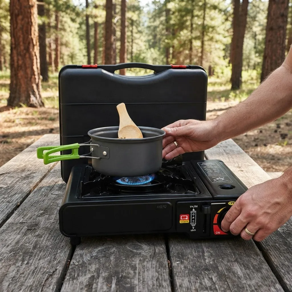 Set Cocina Estufa Gas Portatil + Portacomidas Olla Sarten Camping